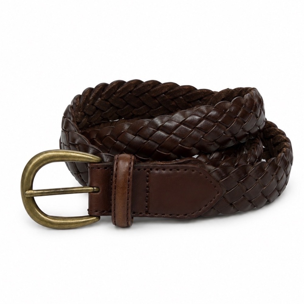 VTG Brighton Braided Woven Leather Belt Men 40 Brown Brass Buckle Casual Classic